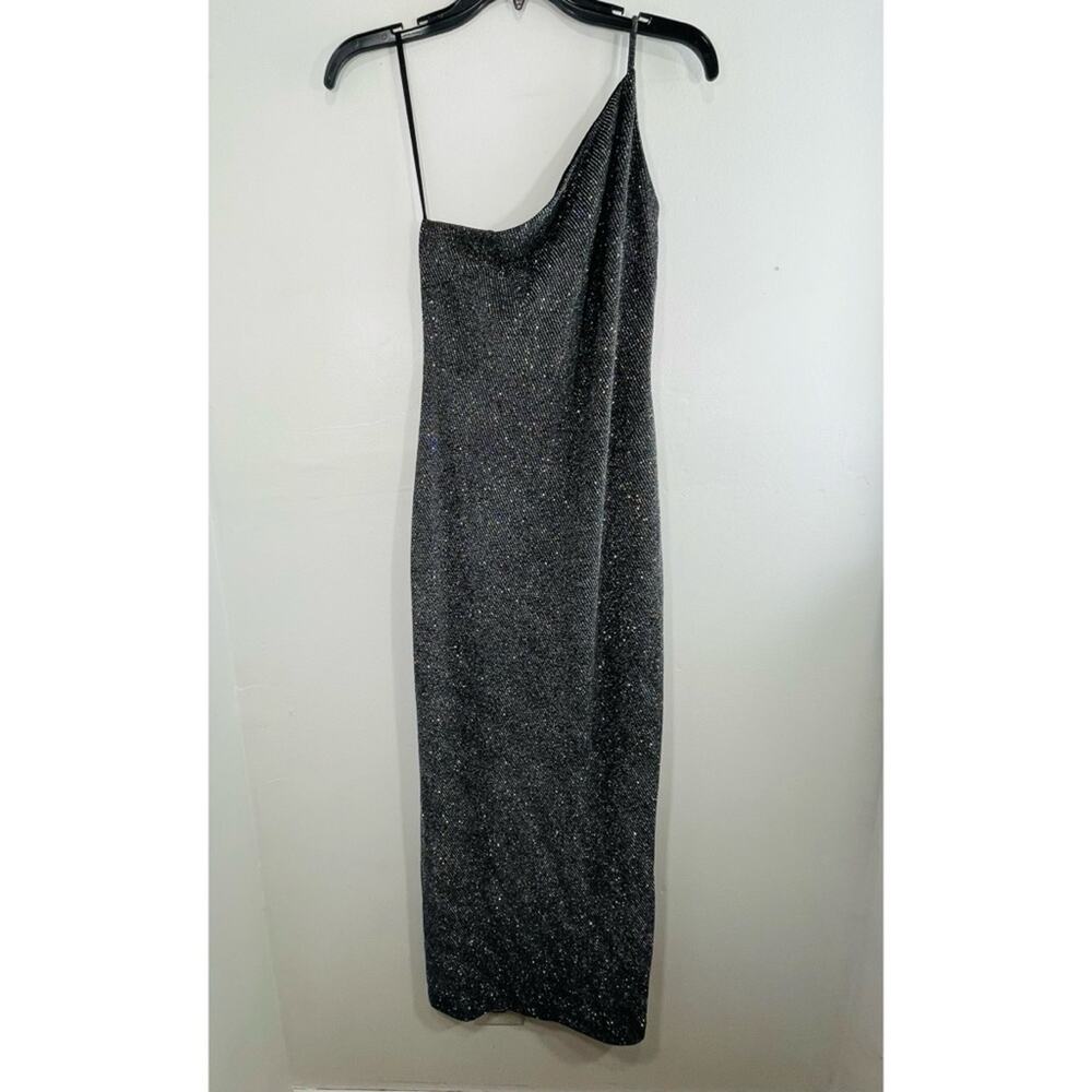 Vintage Y2K Black Multicolor Shimmer One Shoulder Side Slit Midi Dress Small